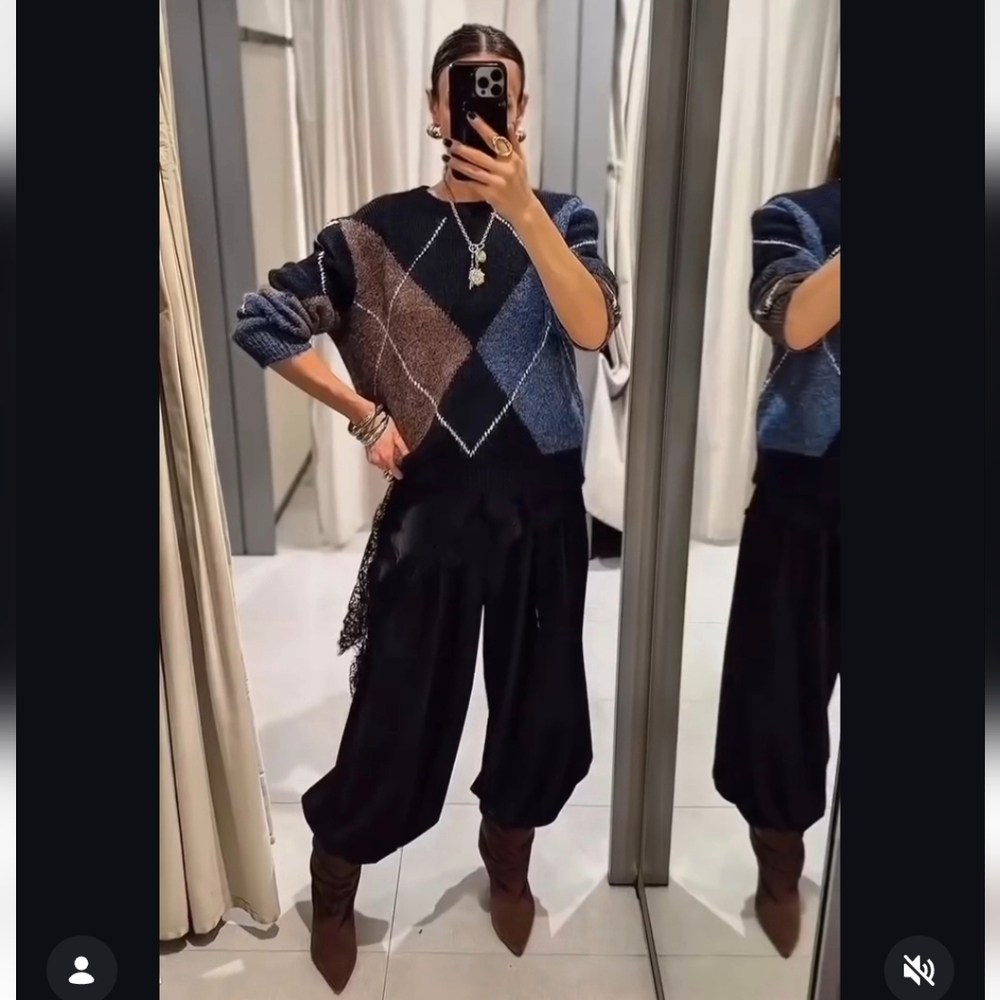 ZARA PINSTRIPE BALLOON PANTS BLUE NAVY - Picture 2 of 14